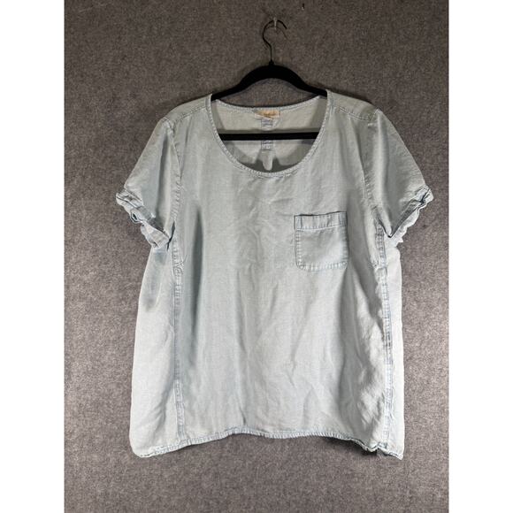 J Jill Blouse Women XL Blue Denim Chambray Short Sleeve Relax Summer Coastal - Picture 1 of 7